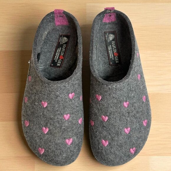 Haflinger Gray Felted Wool Pink Embroidered Hearts Clogs Size 38 Comfort Shoes - Picture 1 of 7